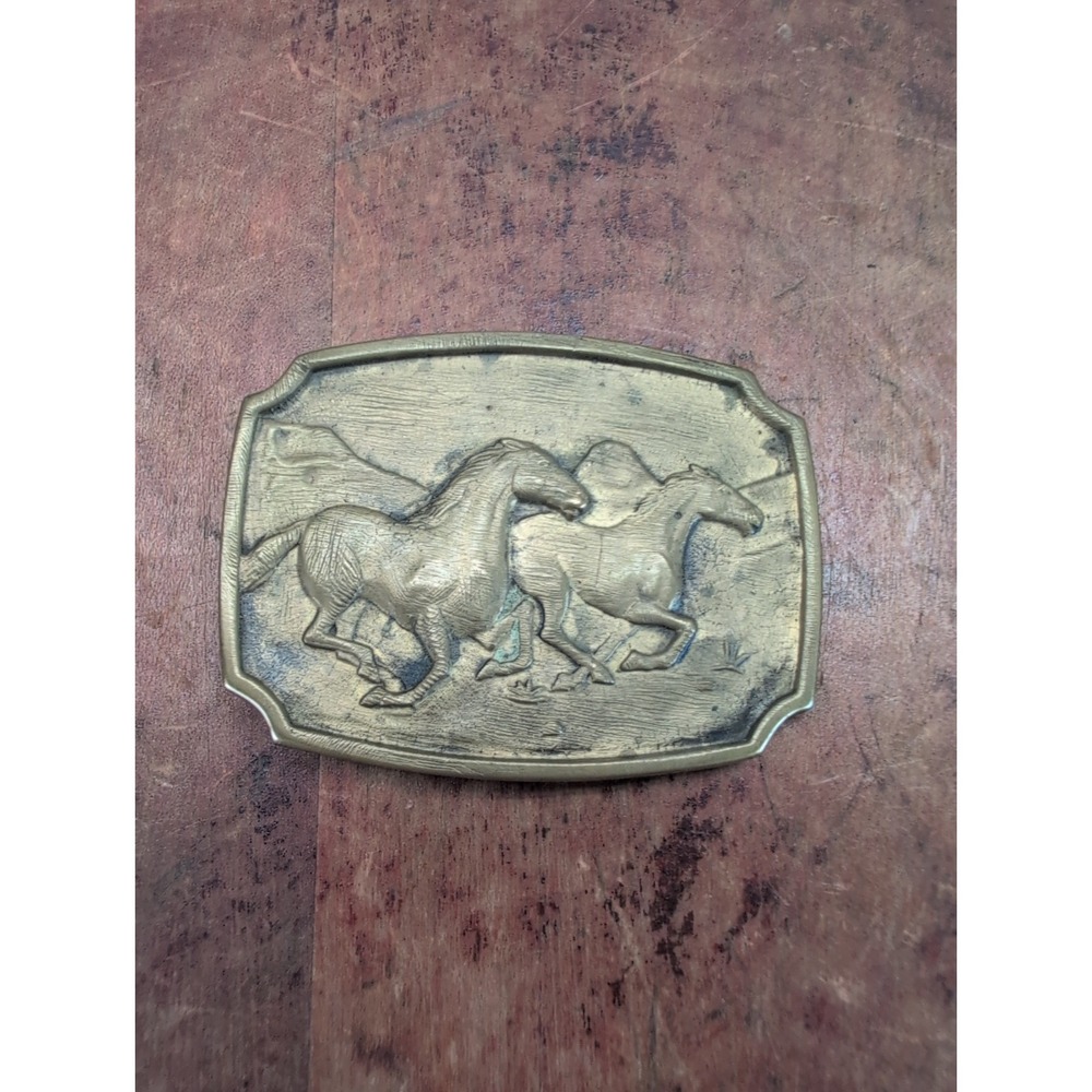 Vintage 1978 BTS Solid Brass Belt Buckle Running Wild Horses Western USA